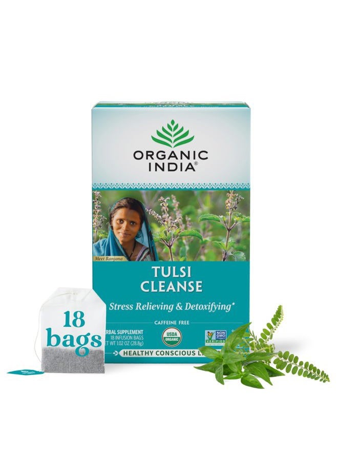 Organic India شاي الأعشاب العضوي من الهند تولسي كلينز - مهدئ ومزيل للسموم، دعم المناعة، أداپتوجين، نباتي، خالي من الغلوتين، معتمد من وزارة الزراعة الأمريكية، غير معدّل وراثيًا، خالي من الكافيين - 18 كيس شاي، 1 عبوة - Image 1
